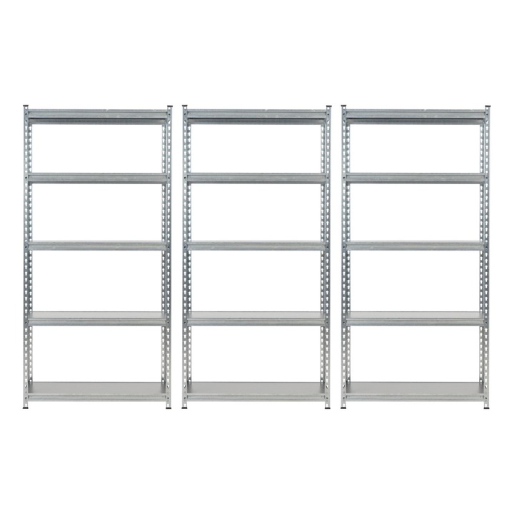 Set 3 Rafturi metalice depozitare cu cate 5 polite 183 x 90 x 38cm Handlekraft® capacitate 1200 kg/raft, asamblare usoara prin clipsare, montare diversa, Otel Galvanizat/Pal Laminat