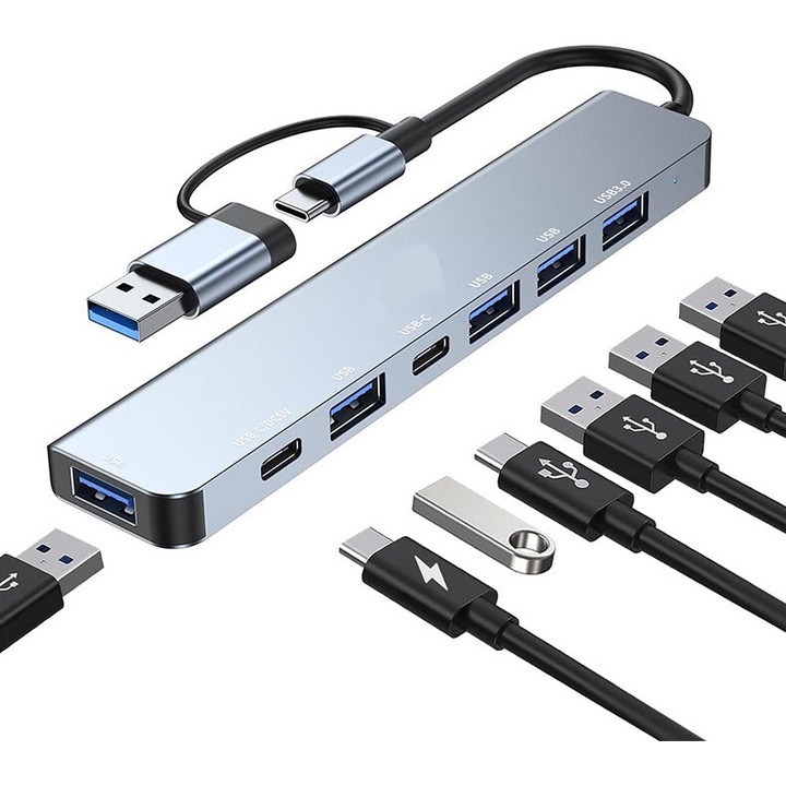 Hub USB 7 in 1, adaptor multiport pentru laptop, 1 port USB 3.0, 4 porturi USB 2.0, 2 porturi USB-C, compact, portabil