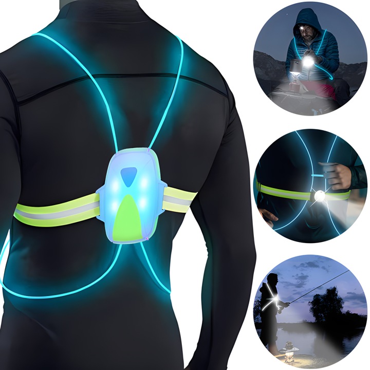 Vesta reflectorizanta cu LED, Noonedibs, cu lanterna frontala cu unghi reglabil, 3 moduri de iluminare, vizibilitate maxima, design casual, incarcare USB, pentru alergare, ciclism, Verde