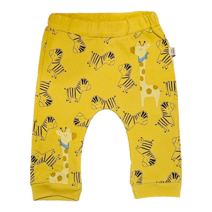 Pantaloni bebelusi, Galben, imprimeu girafa, Bumbac, 12 luni