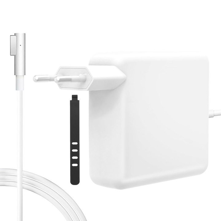 Incarcator Macbook, SINBINTA, Set incarcator si cablu incarcare tip L, 60W, Cu indicator LED si legatura de cablu din silicon cu patru gauri de 95 mm, Conector magnetic, Lungime 1.8 m, Pentru Apple MacBook, Incarcare rapida, PC, 73*73*28mm, Alb