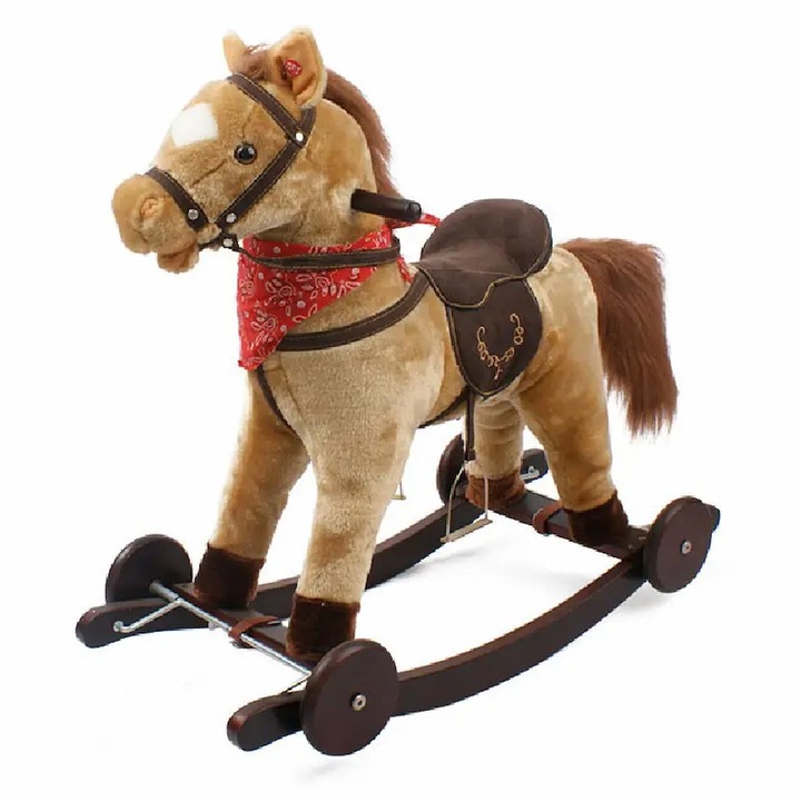 Calut Balansoar Multifunctional 2in1 din Plus Catifelat cu Melodii - Rocking Horse DeLuxe, 4 Roti si Functie de Leagan Balansoar, Dimensiuni 74x37x70 cm, Maro Deschis