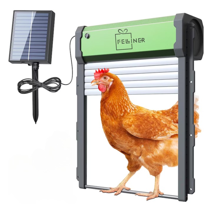 Automata ajtó tyúkólhoz, Felliner, napelemes tápegység, távirányító, időzítő, fényérzékelő, akadályérzékelő, távirányító, vízálló IP67, zöld