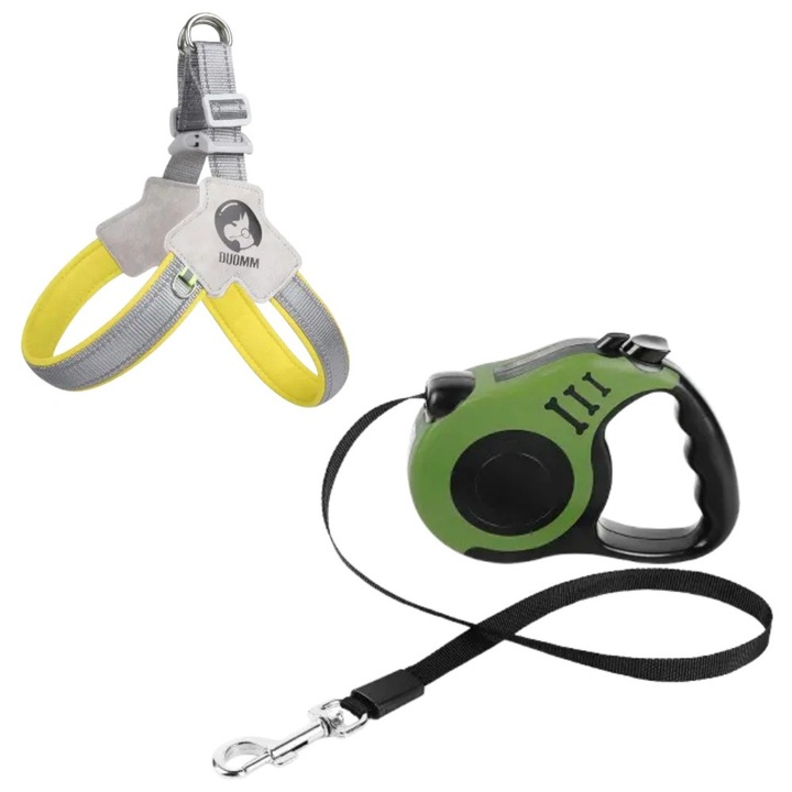 Wisolt® kutyahám és póráz készlet, nyeregszerű hám, automatikusan visszahúzható póráz, sárga és zöld, L