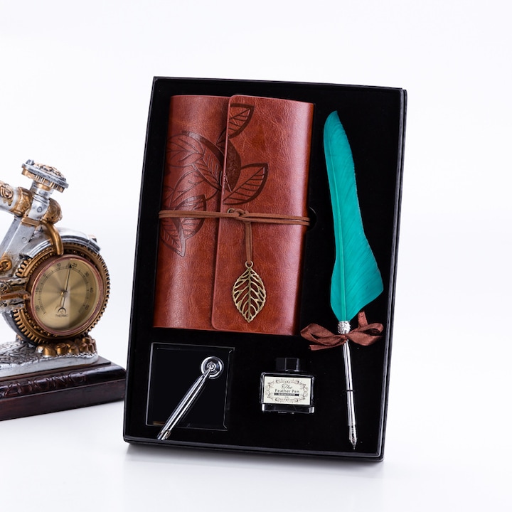 Set cadou caligrafie cu pana de scris, FAVEEZA®, calimara cerneala, agenda cu coperta din piele ecologica, reutilizabila, suport birou, stilou cu penita, vintage, verde turcoaz