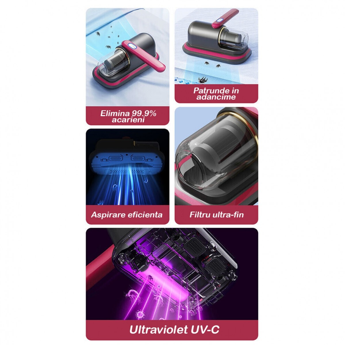 Aspirator JBY-23168 portabil acarieni si praf cu acumulator tehnologie UV-C, 8000pa, 3600mAh