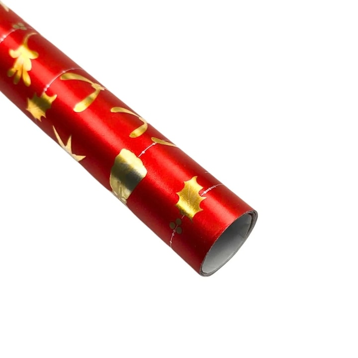 Hartie metalizata pentru ambalat cadouri, decor rosu cu clopotei, inimioare si stele, 150x70 cm