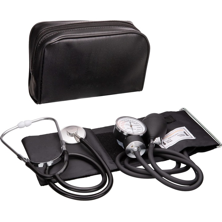 Tensiometru mecanic profesional, cu stetoscop si geanta de transport, manseta adult, albastru