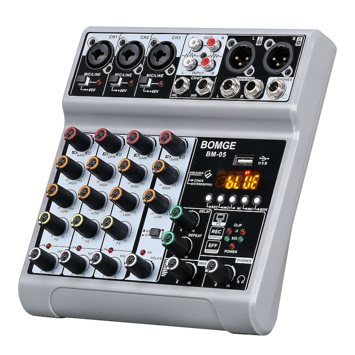 BOMGE 5-канален аудио миксер с USB интерфейс, Bluetooth, 48V фантомно захранване, 25x25x10cm