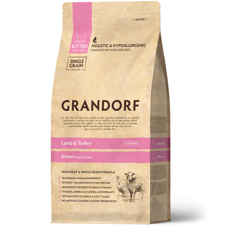 Суха храна за котки Grandorf, с агнешко и пуешко, за котенца, 2 кг