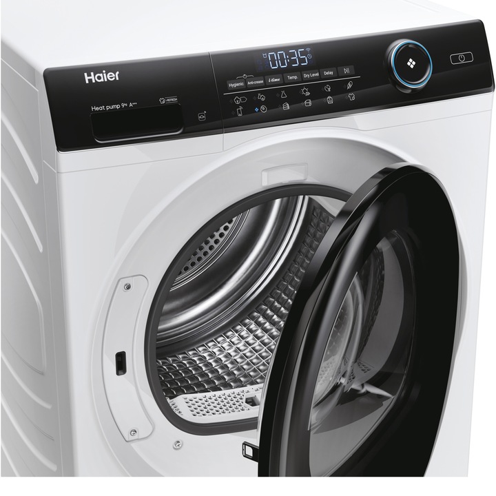 Uscator de rufe Haier HD90-A3959-S, Pompa de caldura, 9 kg, 11 programe, Clasa A+++, Motor Inverter, iRefresh,Wifi, Alb