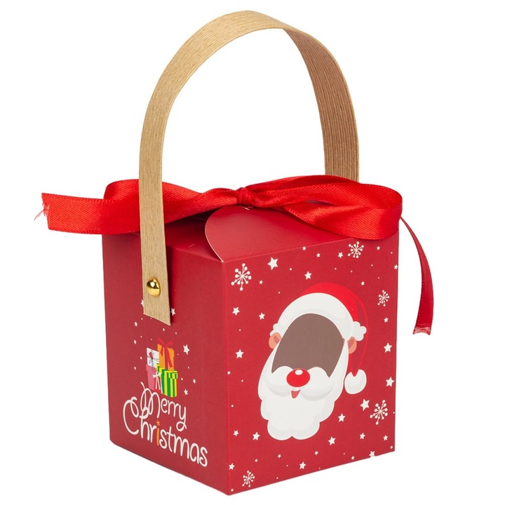 Cutie mica patrata Craciun cu fereastra, maner kraft si funda - rosu (set 50 buc), Createur