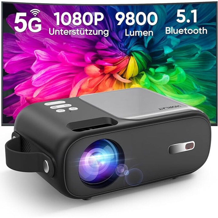 Мини проектор с Bluetooth, 5G, поддържа WiFi Full HD 1080P, HORLAT, 9800 лумена с корекция на трапецовидно изкривяване ±15°, проектор за домашно кино за смартфон/телевизор