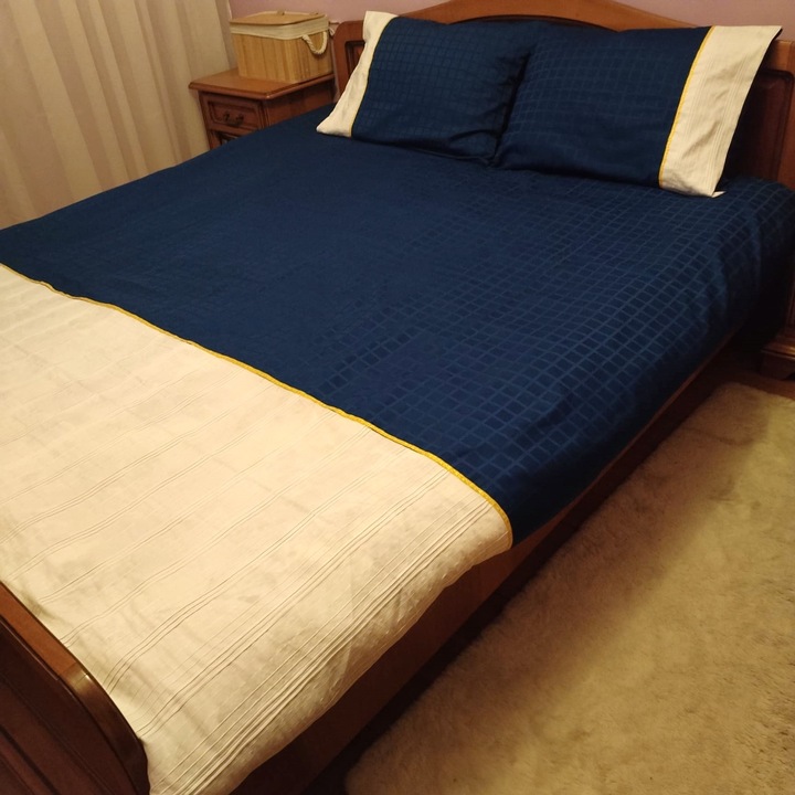 Paplanhuzat és 2 párnahuzat szett, Casa Bucuriei, Diamond Model, 3 db, kék/fehér, damaszt, 200/220 cm