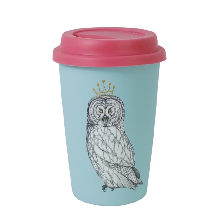 Чаша с подвижен капак с принт на бухал и корона