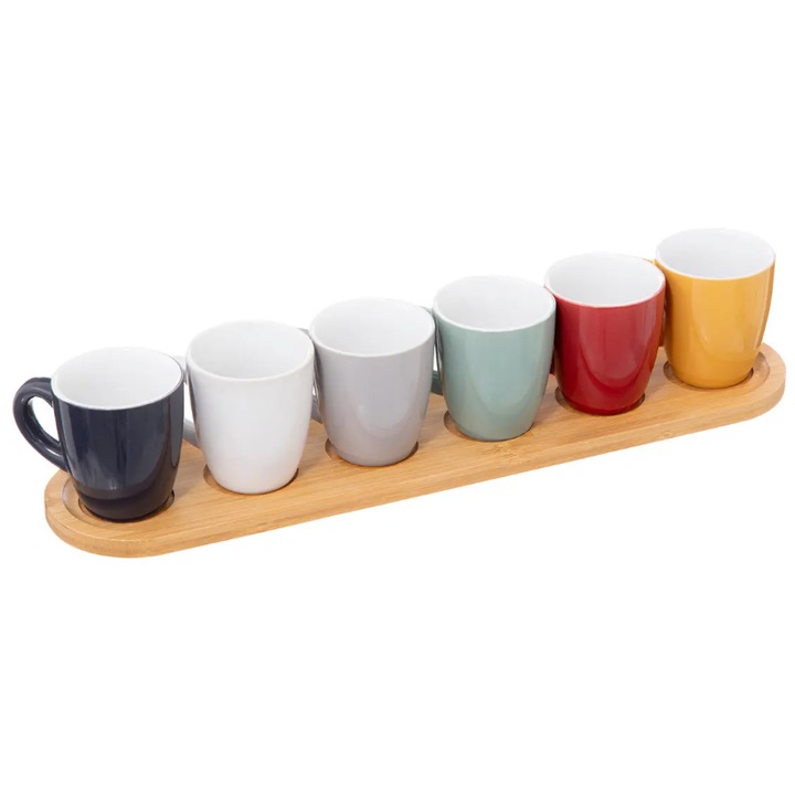 Комплект от 6 чаши за еспресо Colorama, дървена поставка, 8,5 x 0,98 x H 39,5 cm, 90 ml