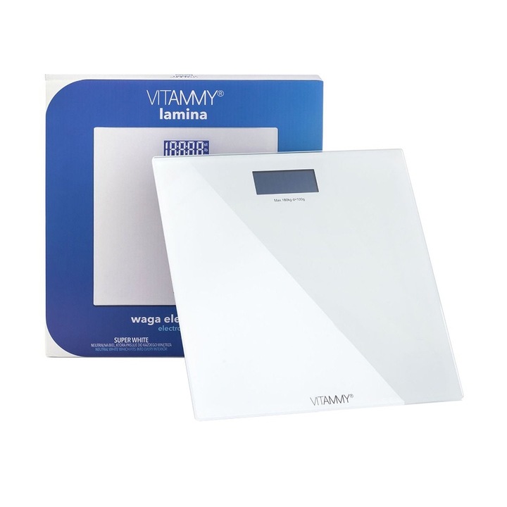Електронен кантар за тяло Vitammy Lamina, За деца и възрастни, Със стъклена повърхност, Цифров екран, Технология Step-on, Бял