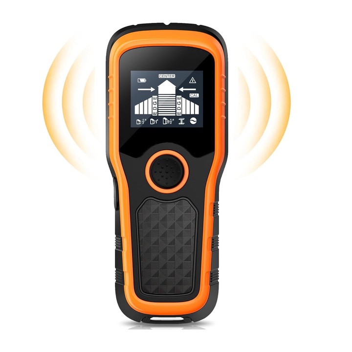 Detector multifunctional de instalatii electice, componente metalice, grizi si cavitati din lemn, Zola, ecran LCD, semnalizare sonora, sensibilitate maxima 80 mm, 7.5x3x18 cm, portocaliu