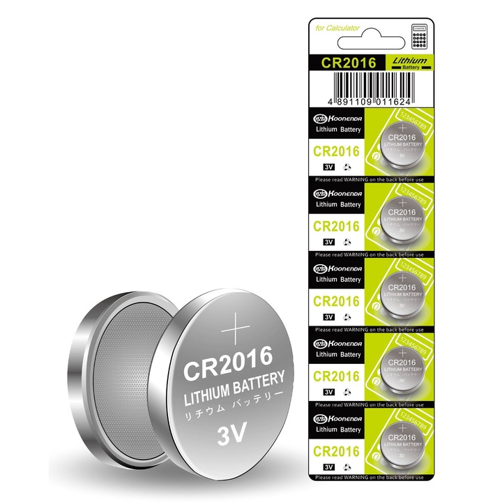 Set de 5 baterii buton Koonenda CR2016, litiu 75mAh, 3V, 20mm