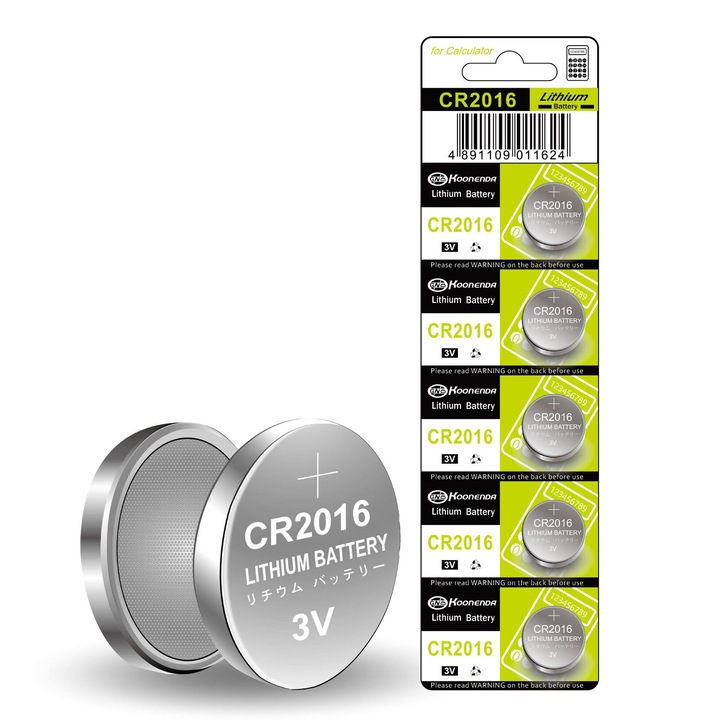 Комплект 5 батерии бутон Koonenda CR2016, литиеви 75mAh, 3V, 20mm