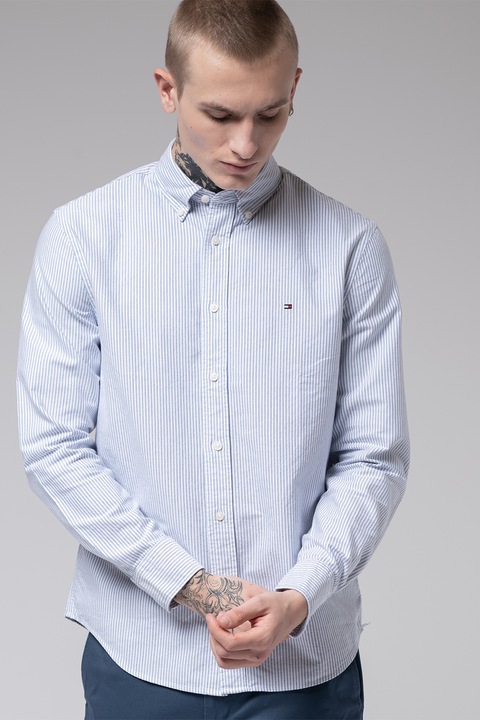 Tommy Hilfiger, Camasa Oxford regular fit cu model in dungi, Alb/Albastru lavanda