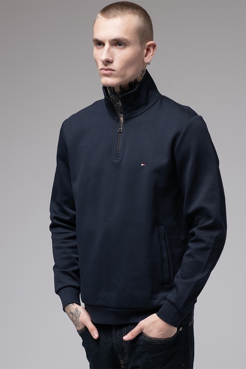 Tommy Hilfiger, Bluza de trening cu logo si fenta cu fermoar, Albastru ultramarin
