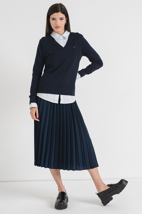 Tommy Hilfiger, Pulover din amestec de bumbac organic cu decolteu in V, Albastru ultramarin