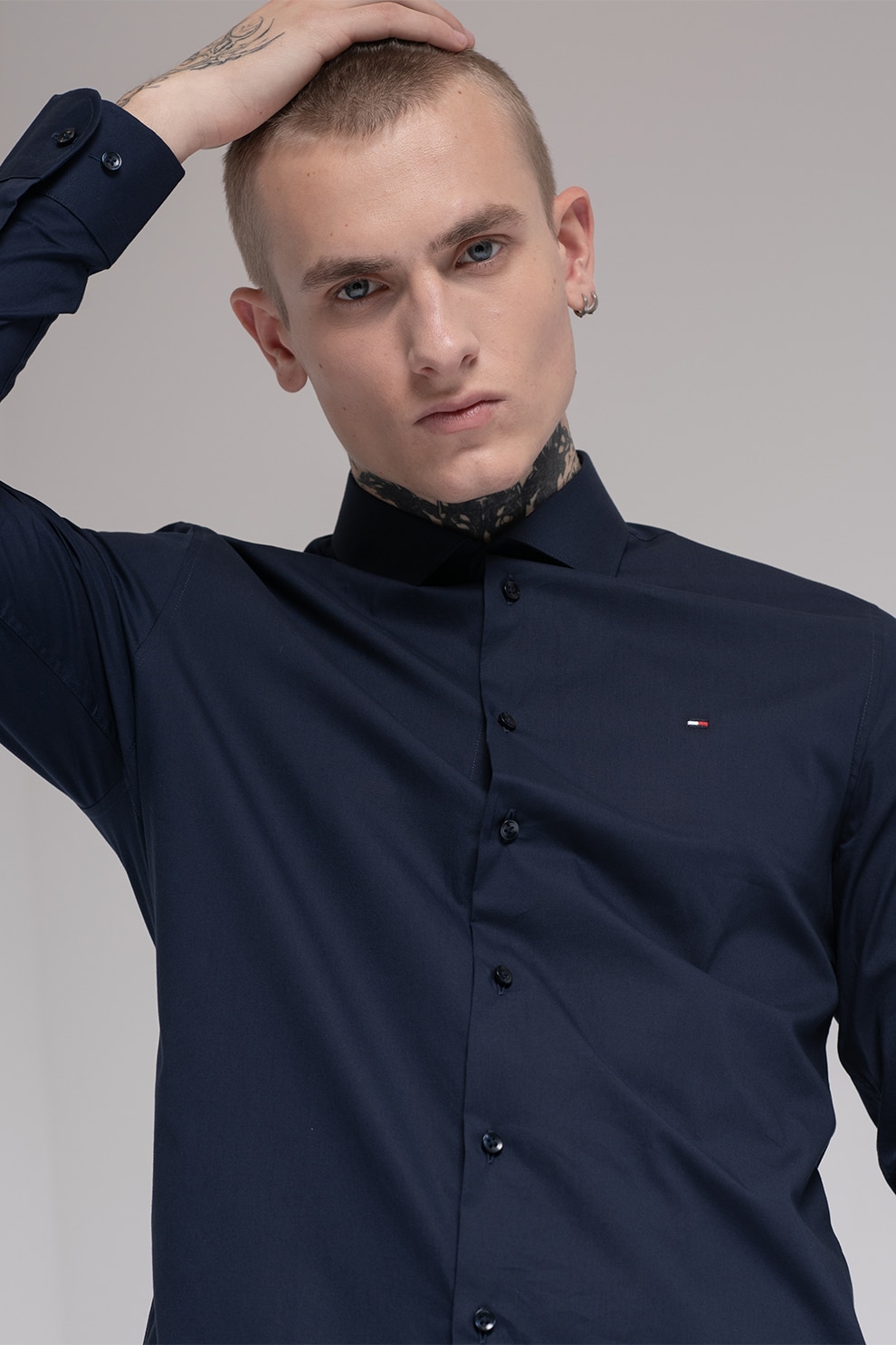 Tommy Hilfiger, Camasa slim fit din amestec de bumbac, Albastru ultramarin, 40