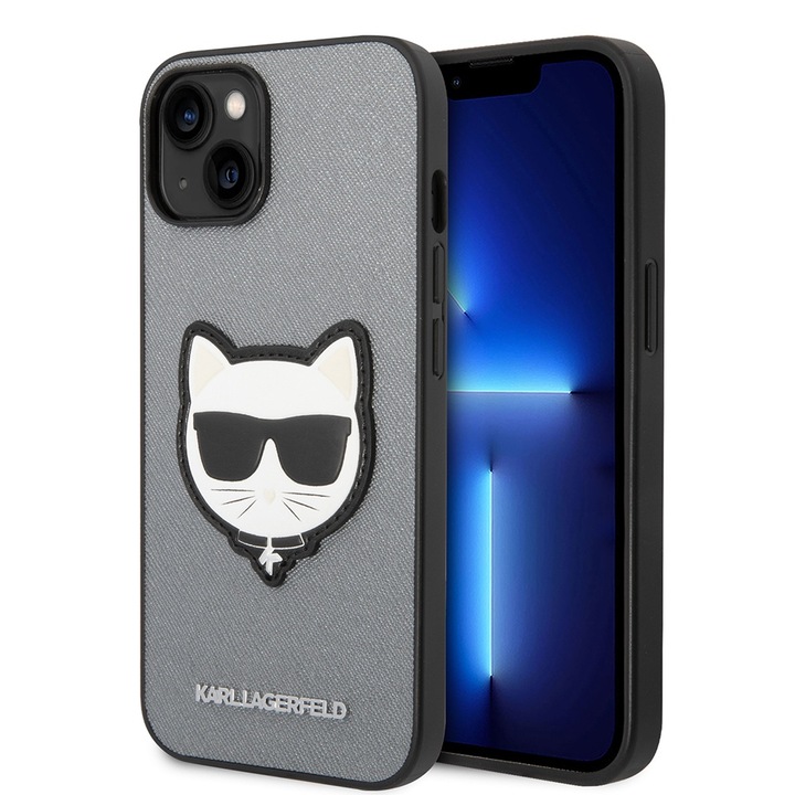 Husa pentru iPhone 15/iPhone 14/iPhone 13, P58, Piele ecologica, Silver Choupette Head