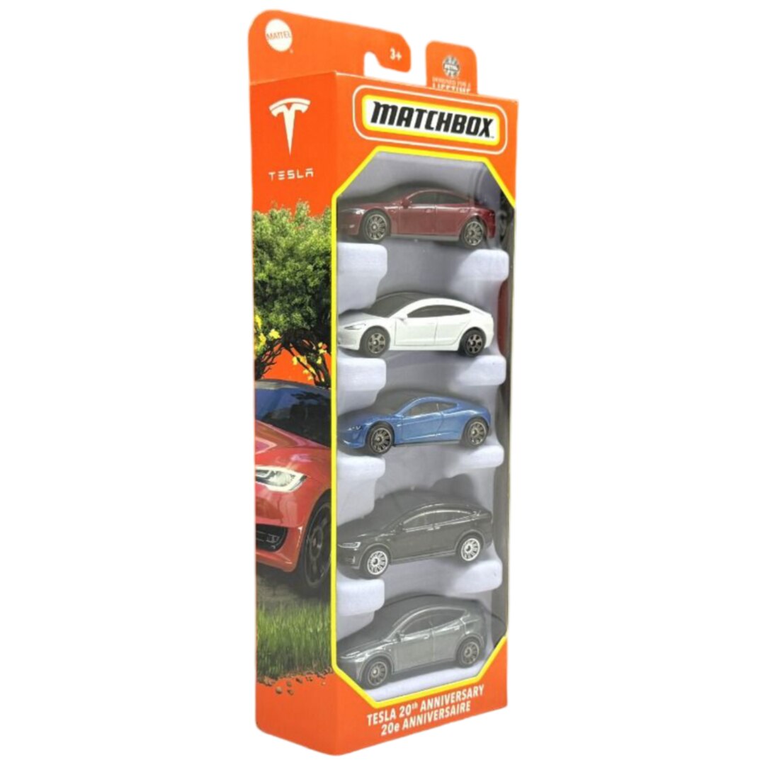 Set de 5 masinute metalice Matchbox, Tesla model 3, S, Y, X