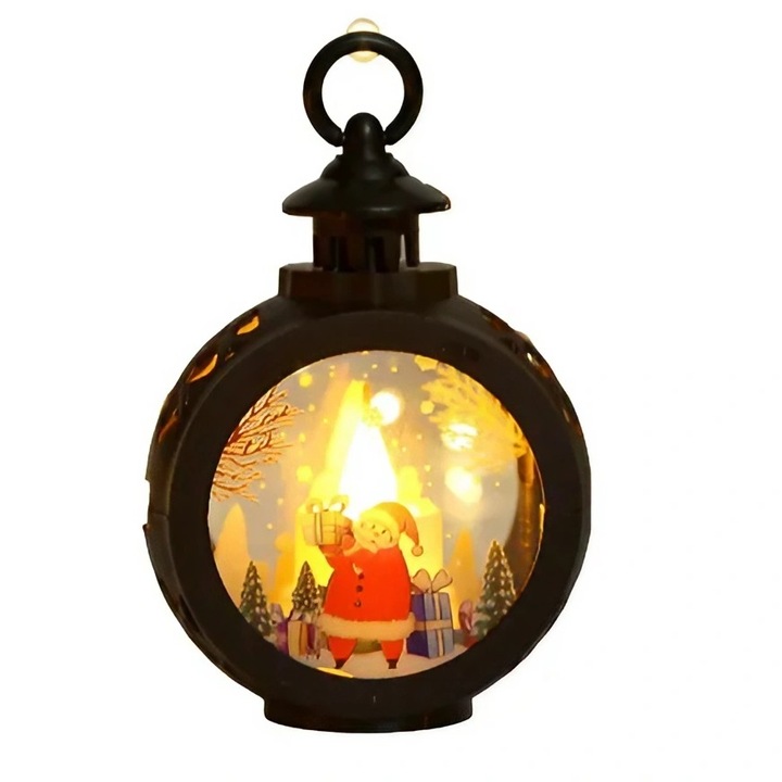 Decoratiune Craciun tip felinar cu baterii, 13.5 x 9 cm, lumanare cu geam si inscriptie mos craciun, lumina alb cald