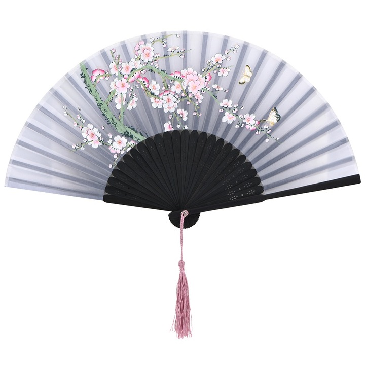 Összecsukható bambusz legyező, Jormftte, retró stílusú, virág- és csipkemintás, szürke