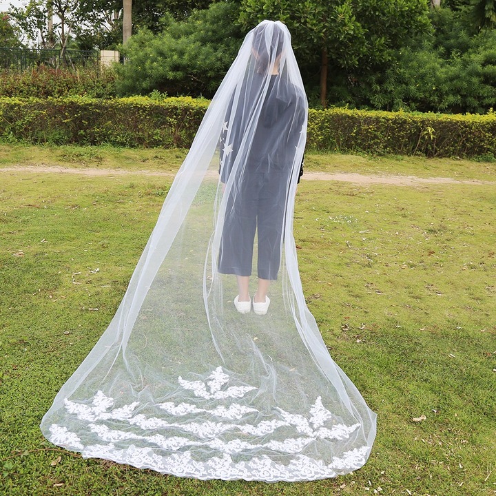 Булчински воал Jormftte, 3 метра, флорална дантела, бяло или слонова кост, с гребен