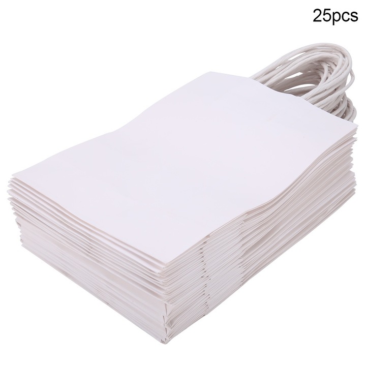 Комплект от 25 подаръчни торбички от крафт хартия с дръжки, бели, голям капацитет