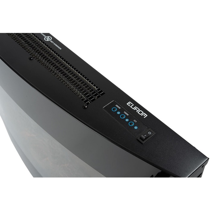 Електрическа камина за вграждане Eurom, Valencia, 2 степени на мощност, термостат, регулиране на температурата макс. 30°C, регулируем ефект на пламъка, скрит механичен контролен панел, седмичен таймер, модерен дизайн, материал метал и стъкло, черен