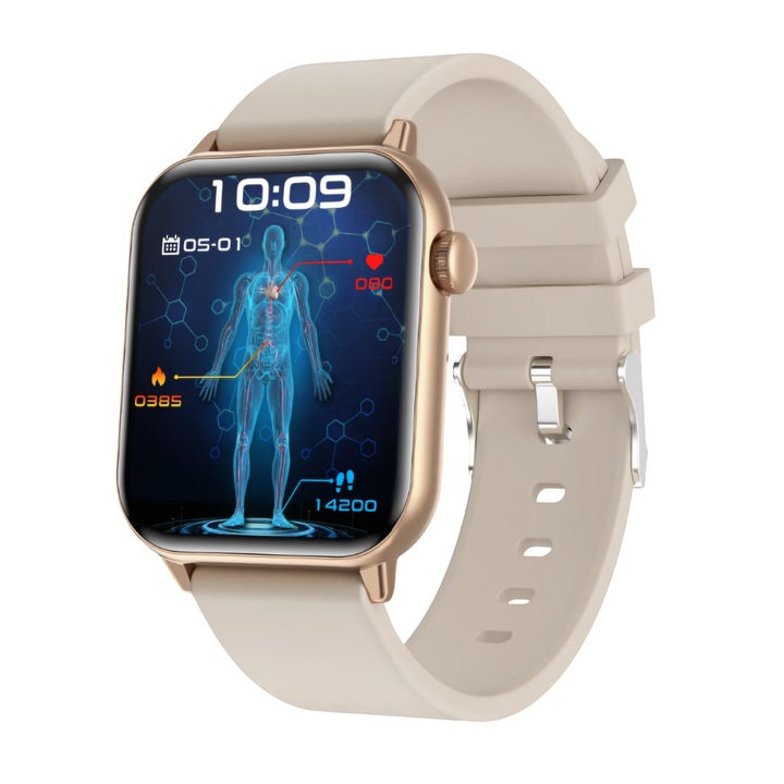 Дамски смарт часовник ZENARK® MedFit 7 LITE, Super AMOLED екран, Ultra HD 4K 390x450 резолюция, Мониторинг на глюкоза, кръвно налягане, сърдечен ритъм, насищане с кислород, телесна температура, менструация, метаболитна ефективност, 100+ спорта, злато