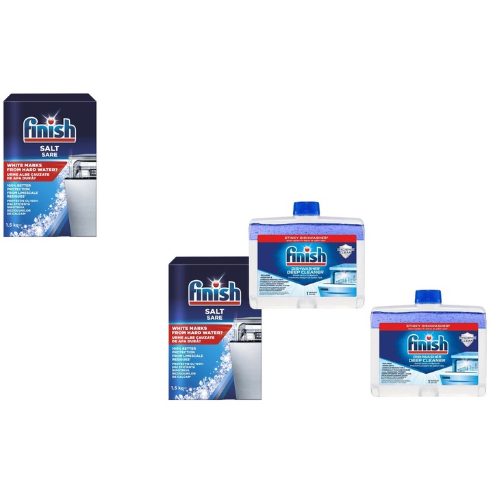 Set 4 x Finish Variety, 2 x Sare Masina Spalat Vase 1.5kg, 2 x Solutie Intretinere 250ml Regular Masina Spalat Vase, fresh aroma, parfum floral, distruge calcarul, rapid si eficient, testat dermatologic, prospetime de lunga durata