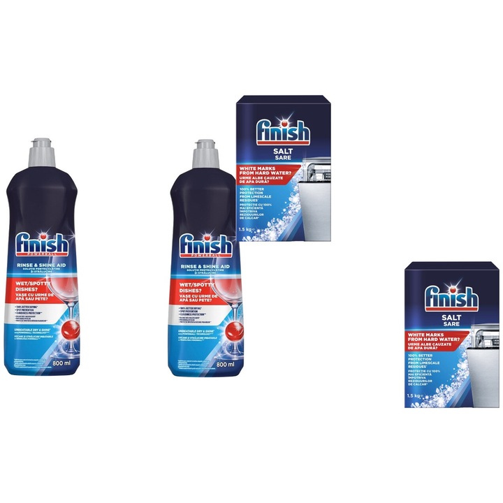 Set 4 x Finish Variety, 2 x Sare Masina Spalat Vase 1.5kg, 2 x Solutie Clatire 800ml Masina Spalat Vase, fresh aroma, parfum floral, distruge calcarul, rapid si eficient, testat dermatologic, prospetime de lunga durata