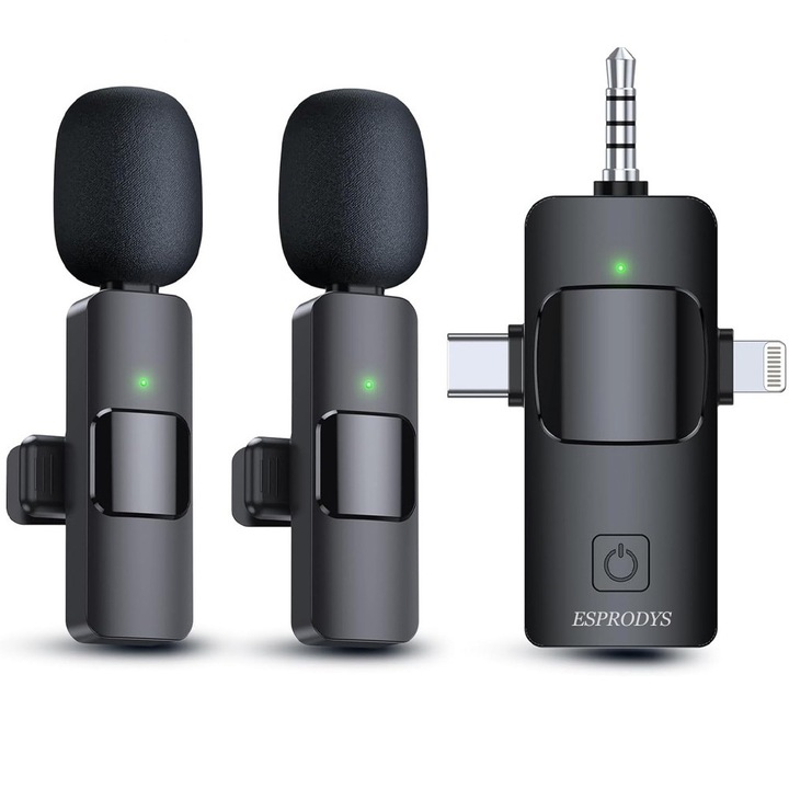 Комплект от 2 микрофона, Esprodys, USB-C, 3.5 Jack, Wireless live, 2.4 GHz, Съвместим с Android iOs телефон, Камера, Лаптоп, iPad, Интервюта, Акумулаторен, Намаляване на фоновия шум, преносим, черен