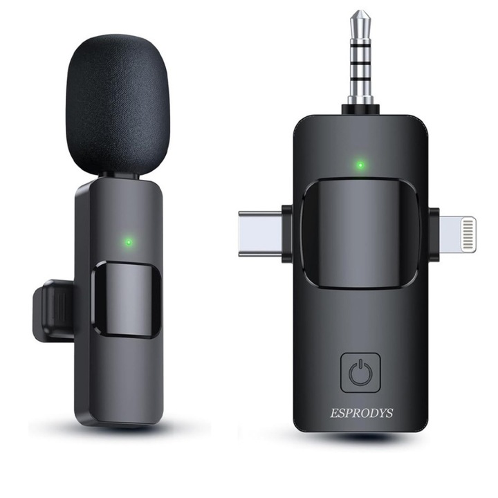 Микрофон, Esprodys, USB-C, 3.5 жак, Безжичен live, 2.4 GHz, Съвместим с Android iOs телефон, Камера, Лаптоп, iPad, Интервюта, Презареждаем, Намаляване на фоновия шум, преносим, черен