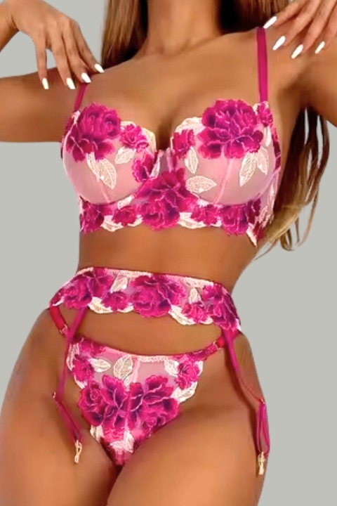 Set de Lenjerie Intima cu Broderie Florala, Sutien Bardot, Chilot Tanga si Jartiera, Sexy, Colectia Royal Amour, 3 Piese, Dama, Mov Royal