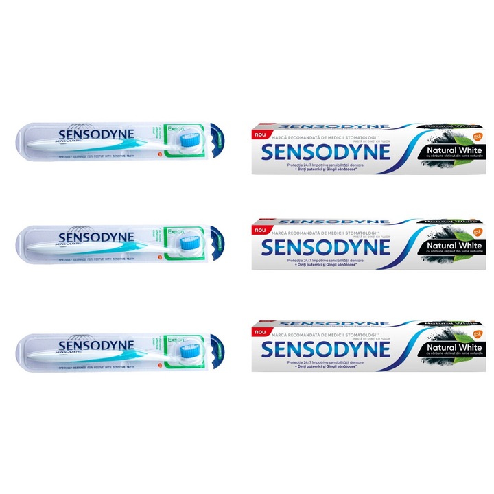 Set 6 x Sensodyne Variety, 3 x Periuta Dinti Multi Care Medium, 3 x Pasta Dinti 75ml Natural White Charcoal, proprietati antimicrobiene puternice, reducerea placa dentara, reduce inflamatia gingivala, respiratie proaspata, proprietati antiseptice