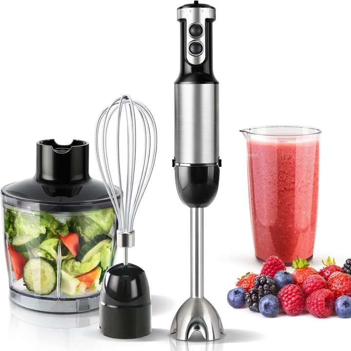 Mixer vertical, soulfox, 1500W, Functie Turbo, 9 viteze, 17000 Rpm min, pahar gradat 600 ml, Tocator 500 ml, Indicator de viteza cu LED, picior blender inox, lame inox, Argintiu