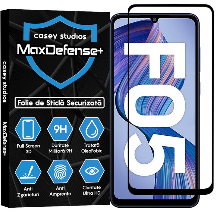 CASEY STUDIOS™ üvegfólia Samsung Galaxy F05 készülékhez, teljes 3D fólia, teljes ragasztó, edzett üveg, katonai keménység, Ultra HD, professzionális 3D képernyővédelem, karcálló, ütésálló