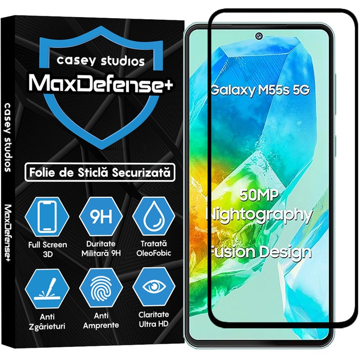 CASEY STUDIOS™ üvegfólia Samsung Galaxy M55s készülékhez, teljes 3D fólia, teljes ragasztó, edzett üveg, katonai keménység, Ultra HD, professzionális 3D képernyővédelem, karcálló, ütésálló