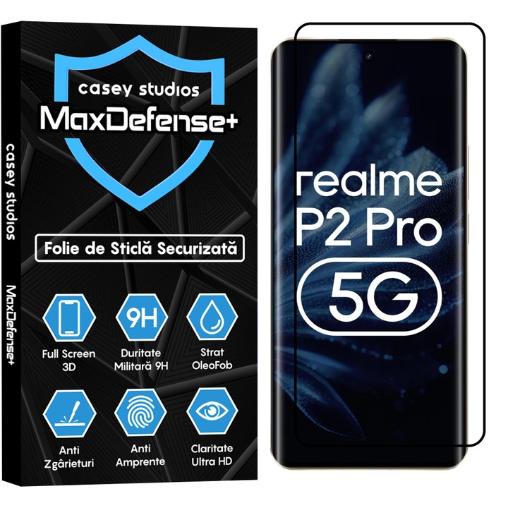 Folie Sticla CASEY STUDIOS™ compatibila cu Realme P2 Pro, Full Cover 3D, Full Glue, Sticla Securizata, Duritate Militara, Ultra HD, Protectie Profesionala Ecran 3D, Anti Zgarieturi, Anti Socuri