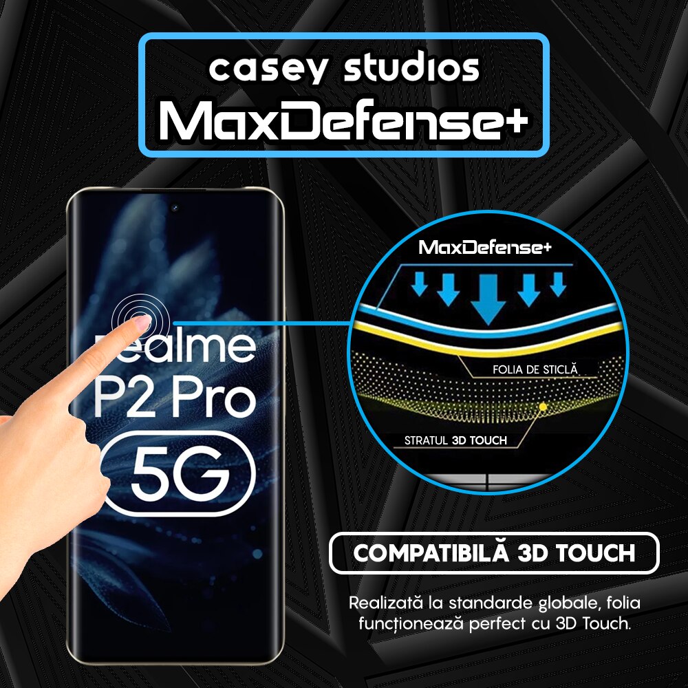 Folie Sticla CASEY STUDIOS™ compatibila cu Realme P2 Pro, Full Cover 3D, Full Glue, Sticla Securizata, Duritate Militara, Ultra HD, Protectie Profesionala Ecran 3D, Anti Zgarieturi, Anti Socuri