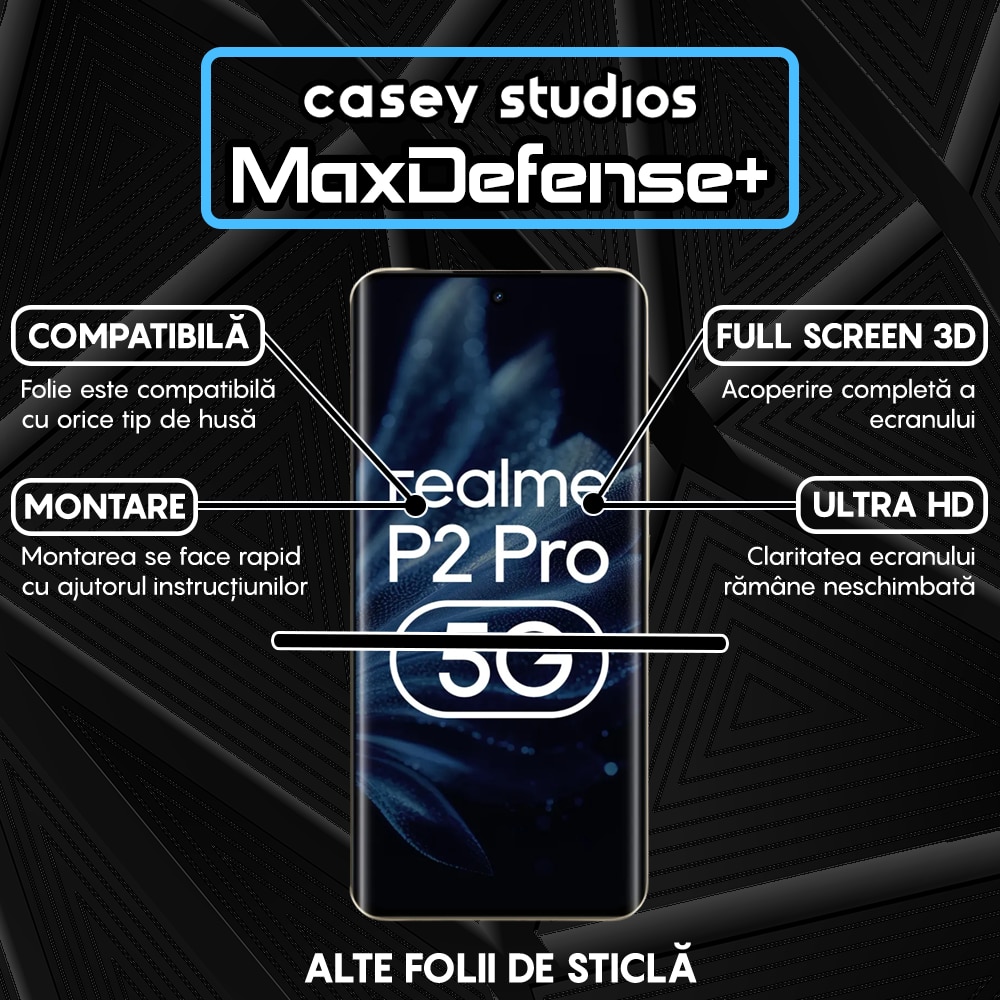 Folie Sticla CASEY STUDIOS™ compatibila cu Realme P2 Pro, Full Cover 3D, Full Glue, Sticla Securizata, Duritate Militara, Ultra HD, Protectie Profesionala Ecran 3D, Anti Zgarieturi, Anti Socuri