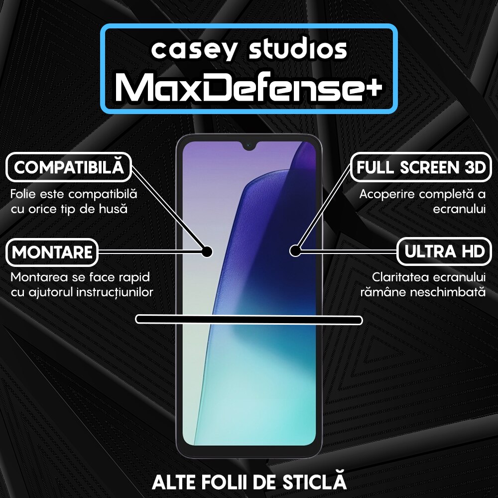 Folie Sticla CASEY STUDIOS™ compatibila cu Xiaomi Redmi 14C, Full Cover 3D, Full Glue, Sticla Securizata, Duritate Militara, Ultra HD, Protectie Profesionala Ecran 3D, Anti Zgarieturi, Anti Socuri