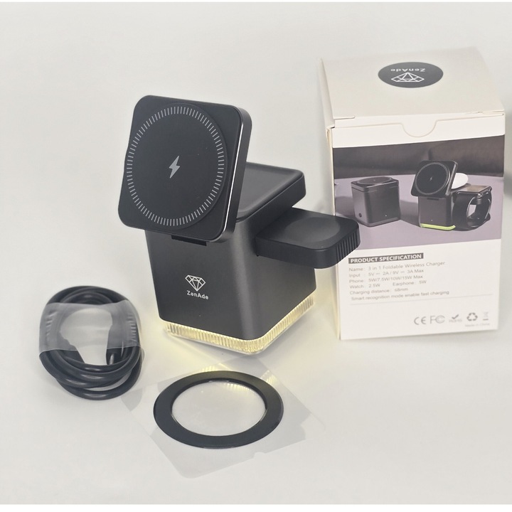 Vezeték nélküli töltő, Cubic, összecsukható, mágneses 3 az 1-ben, ZenAde, kompatibilis a MagSafe-vel, iPhone16/15/14/13/12, Apple/Samsung Watch, AirPods, de más ANDROID telefonokkal is működik gyorstöltési funkcióval a mágnesgyűrű a csomagban